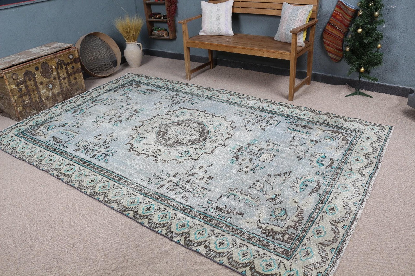 Vintage 5,9×9,6 ft Rug, Large Turkish Rug, Blue Gray Ombré Wool Rug