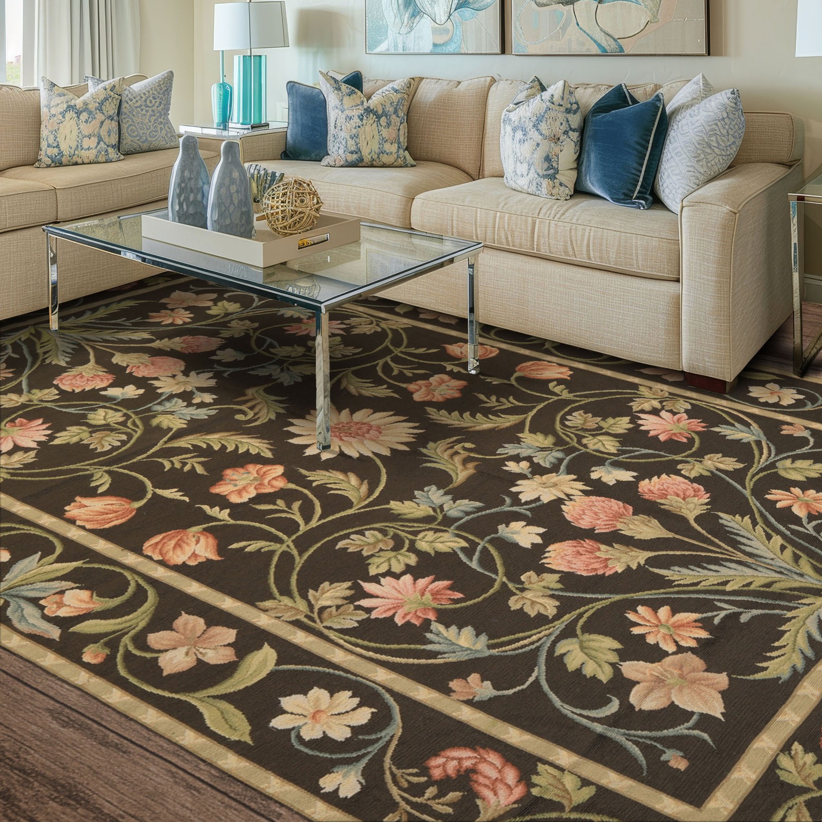 6×9 Hand Woven Flatweave Wool Brown Needlepoint Botanical Asmara Rug