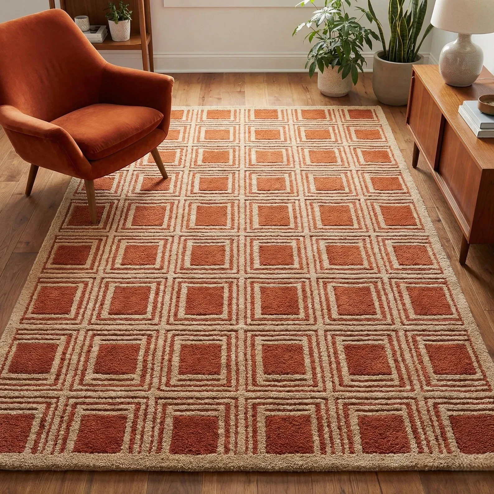 Hand Tufted Wool Geometric Area Rug Rust Terracotta Modern Square Pattern Carpet