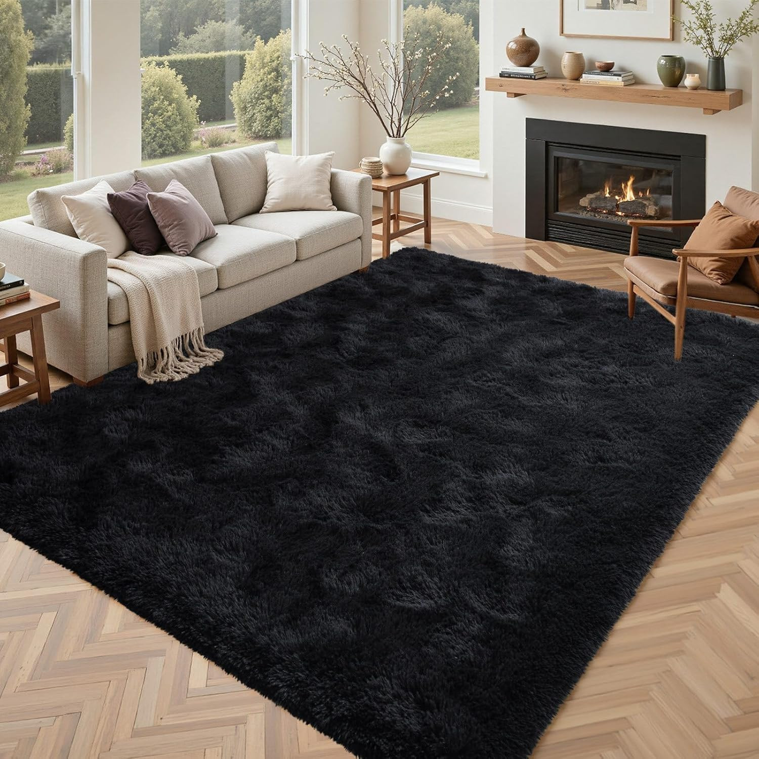 Black Rugs for Living Room Fluffy 5X8 Ft Bedroom Rug Non-Slip Area Rugs Shag Car