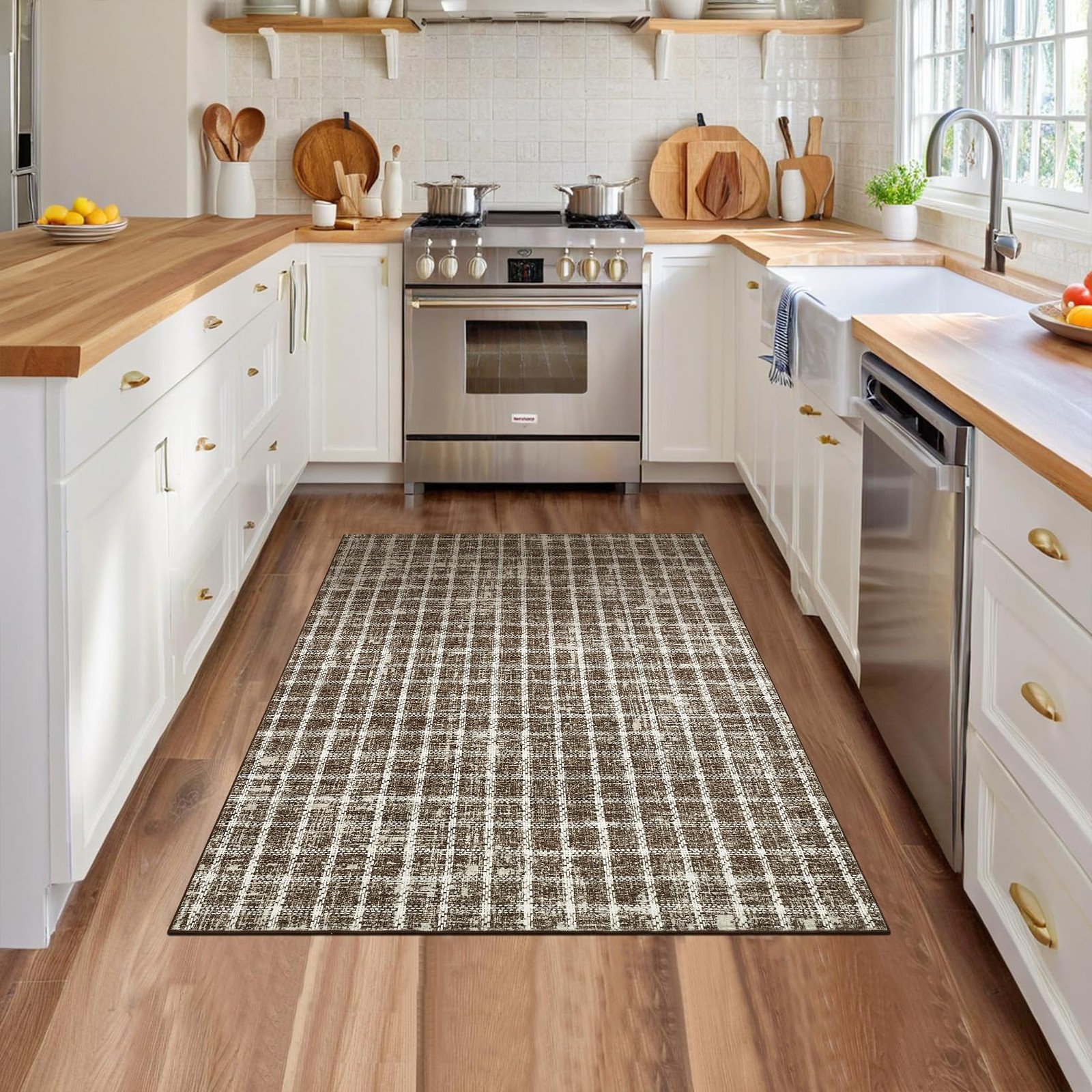 4×6 Rug Non-Slip Washable Low-Pile Carpet – Checkered Braided Geometric Print…