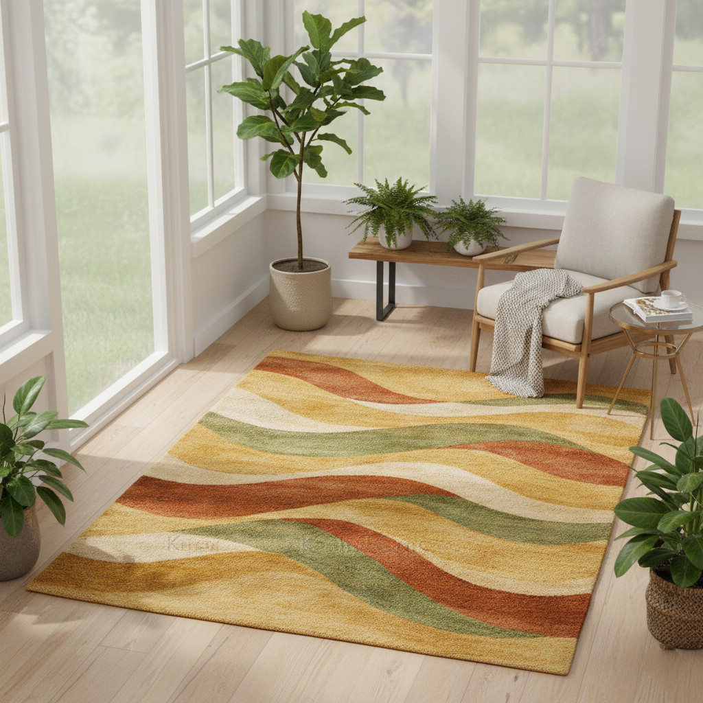 9×12 Hand Tufted Wool Area Rug Multicolor Wave Pattern Living Room Carpet