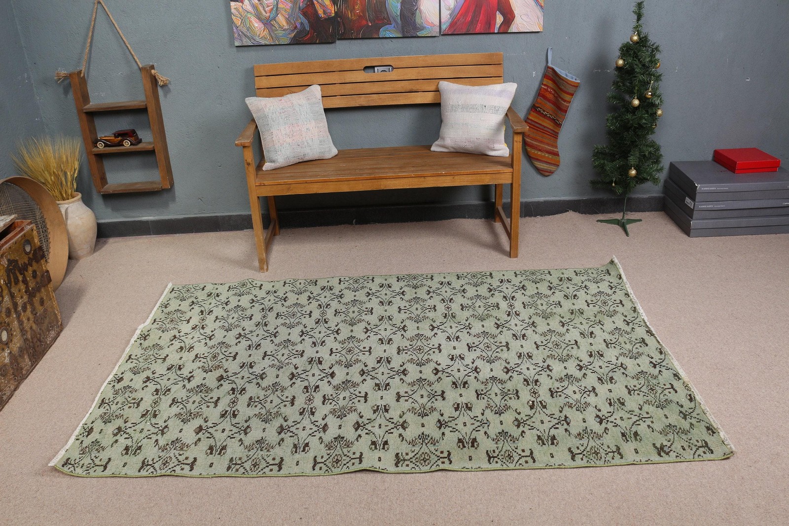 Turkish 4,1×6,7 ft Rug, Area Vintage Rug, Green Brown Ikat Wool Rug