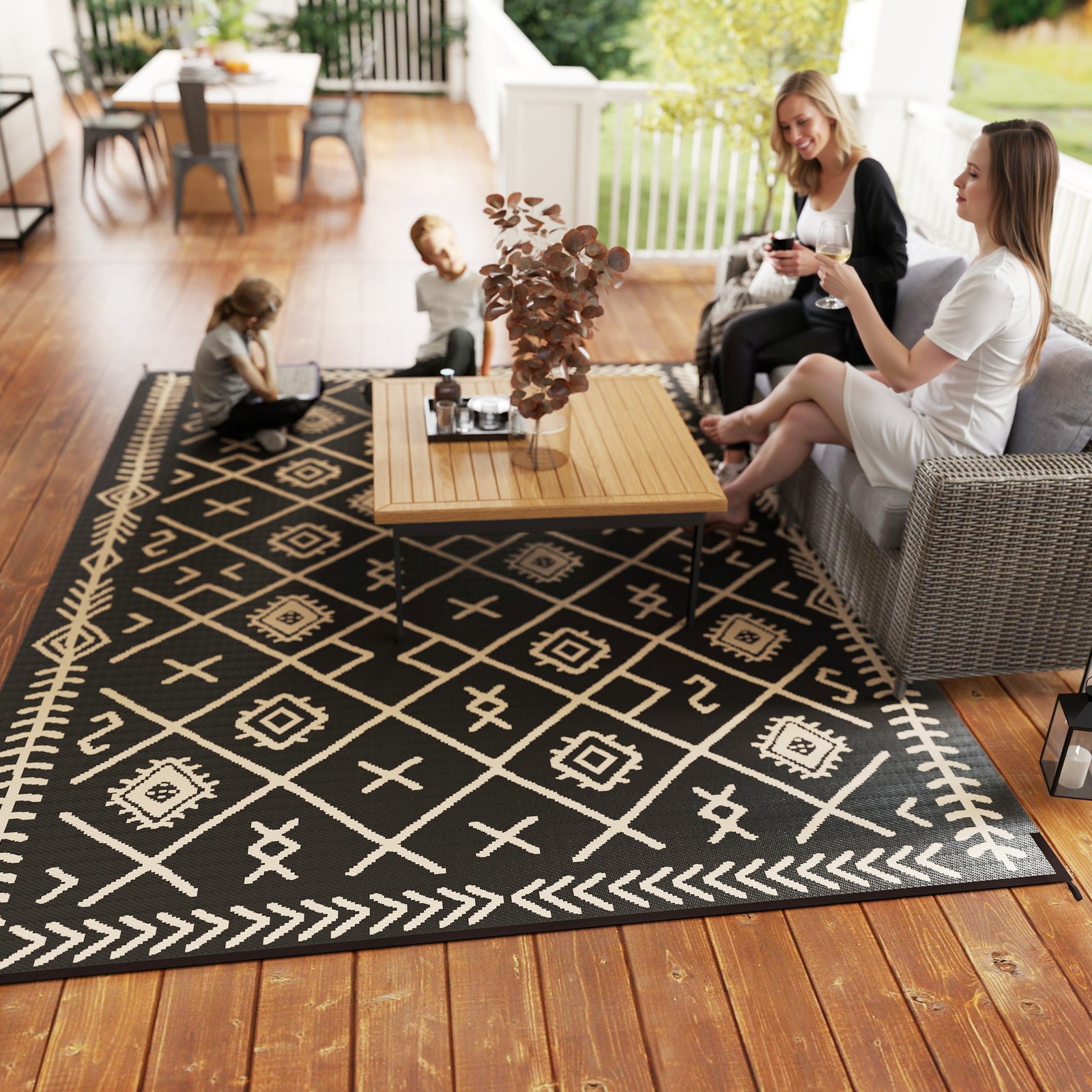 Black Beige Rhombus Outsunny Outdoor Rug, 9′ x 12′ Floor Mat