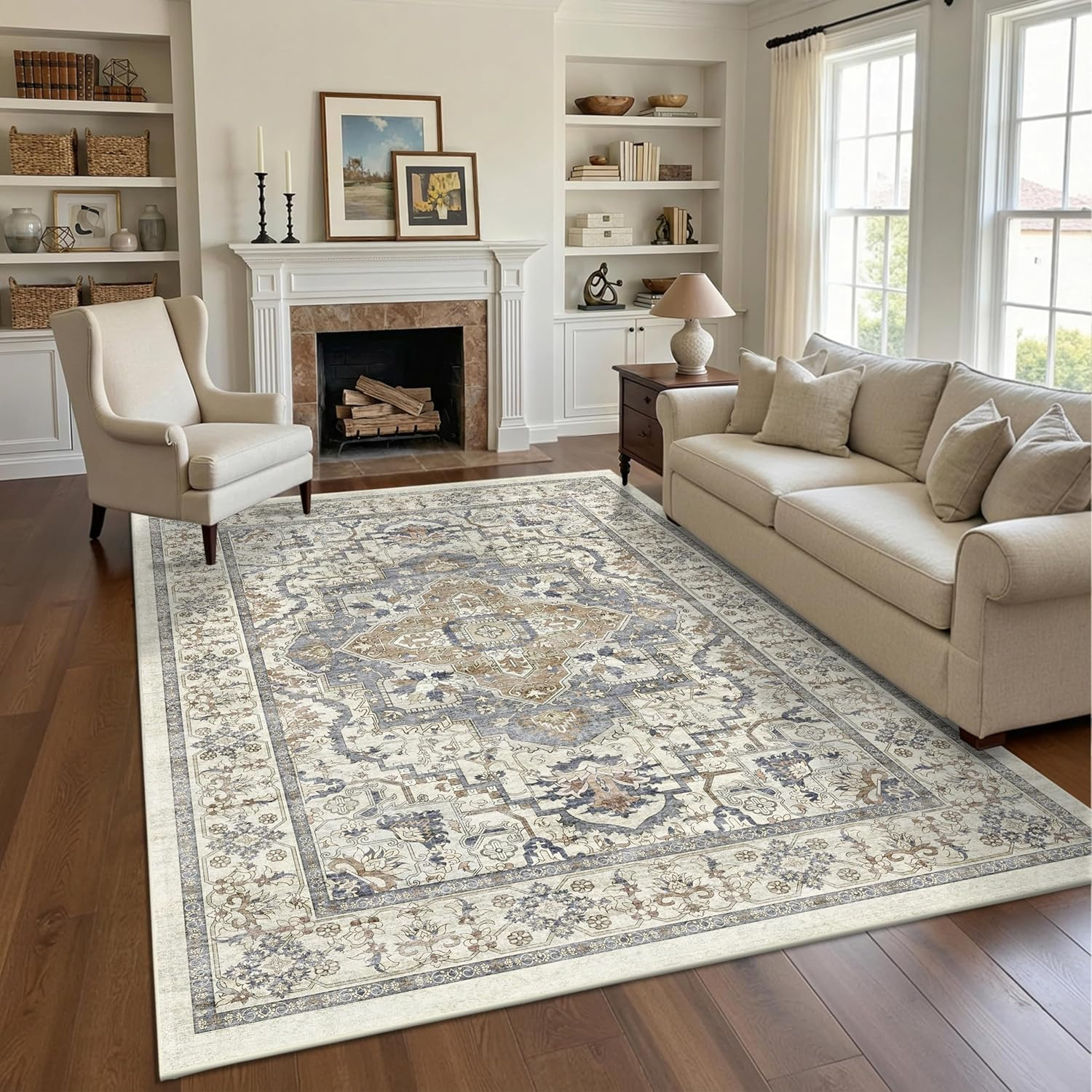 Beige 5X7 Washable Area Rug, Non-Slip Soft Ultra-Thin Polyester Carpet with Vint