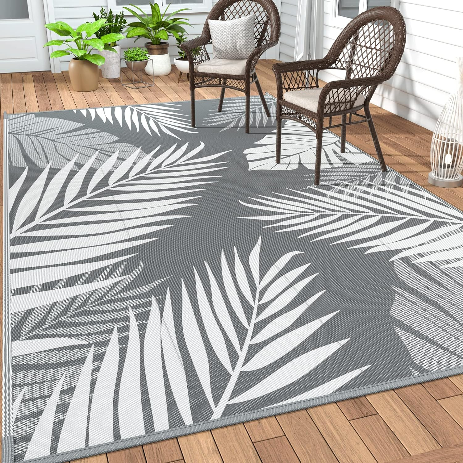 Outdoor Rug, Waterproof Plastic Rugs for Patio, 4’x6′ Grey White | Outside Large