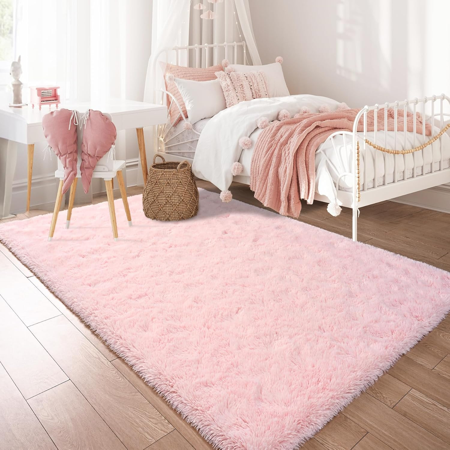 Fluffy Pink Area Rugs for Bedroom Girls Room, 4X5.3 Cute Shag Kids Room Rugs Nur