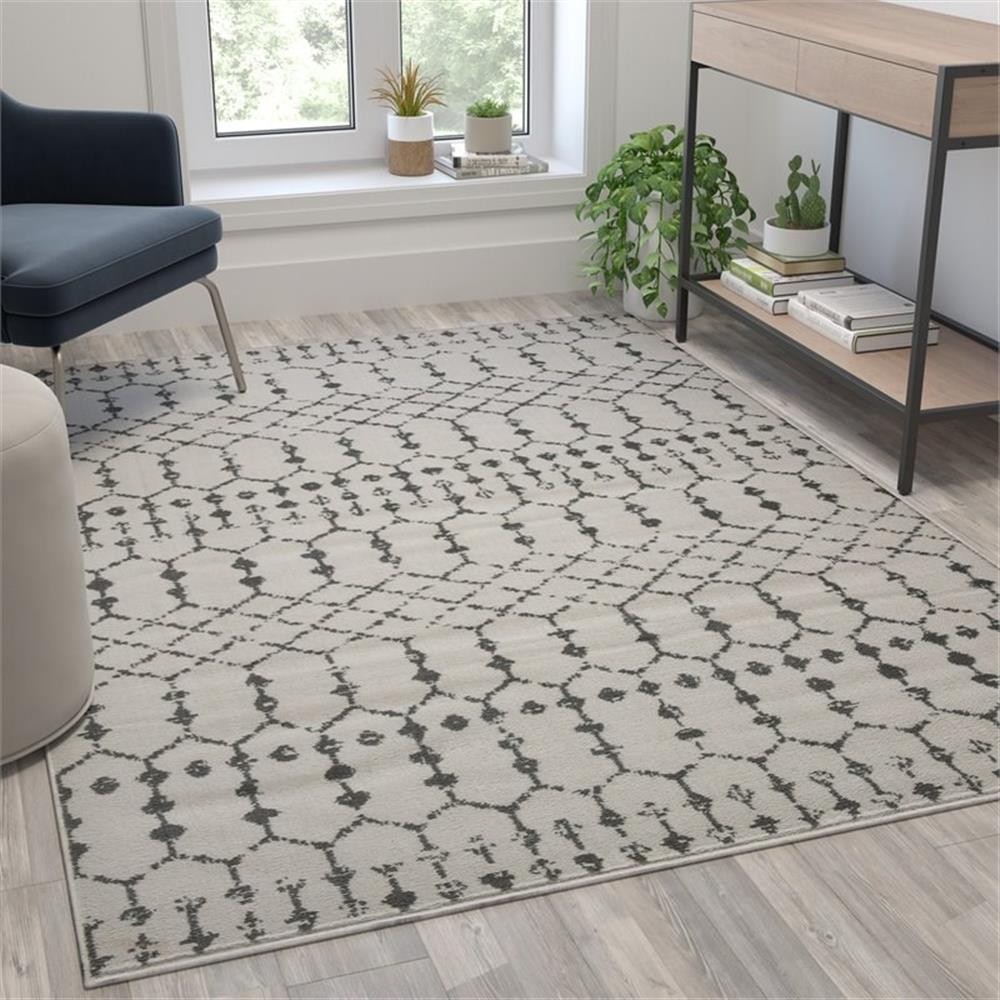 Flash Furniture 61″ x 85″ Geometric Polyester Fabric Area Rug in Ivory/Gray