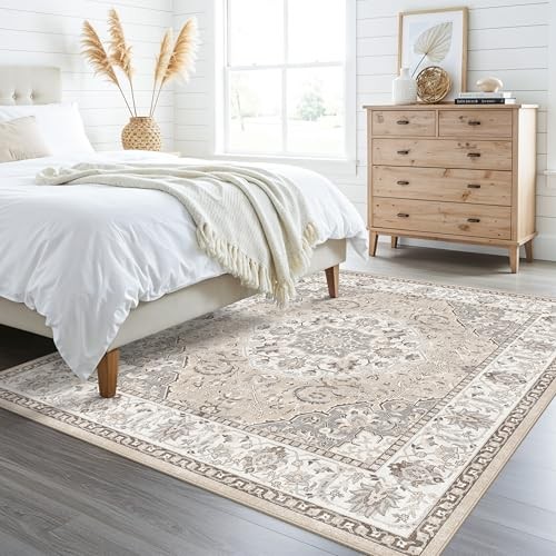 6ft Square Living Room Area Rug – Washable Oriental 6×6 Rugs for Bedroom Dining
