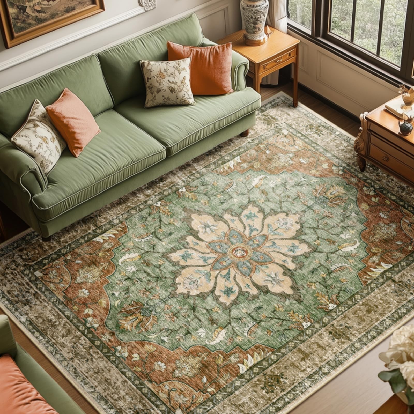 RELEANY Area Rugs 8 x10 Washable Non Slip Floral Vintage Distress Medallion