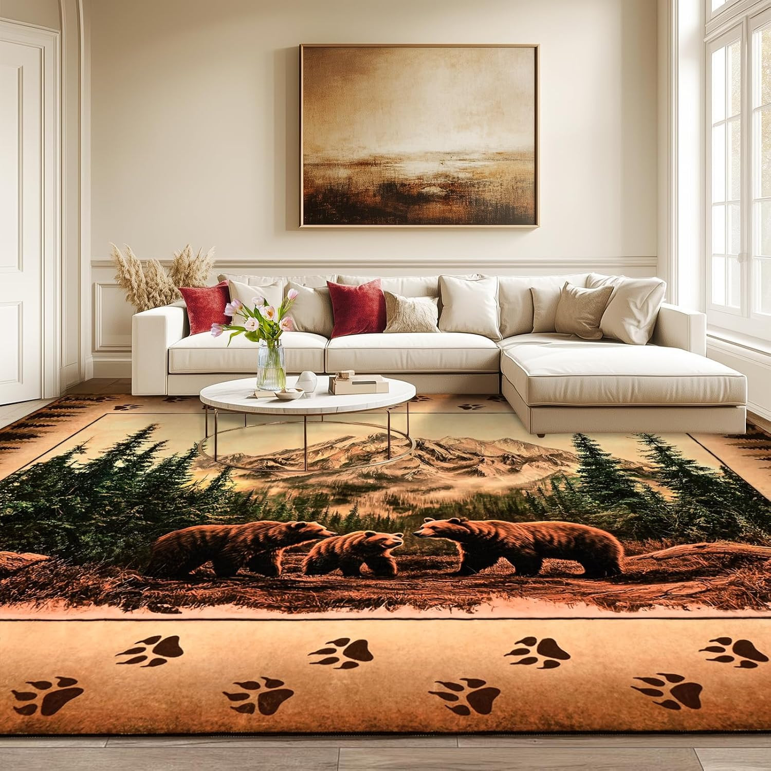 Rustic Farmhouse Area Rug 8×10, Washable Non-Slip Wildlife Decor
