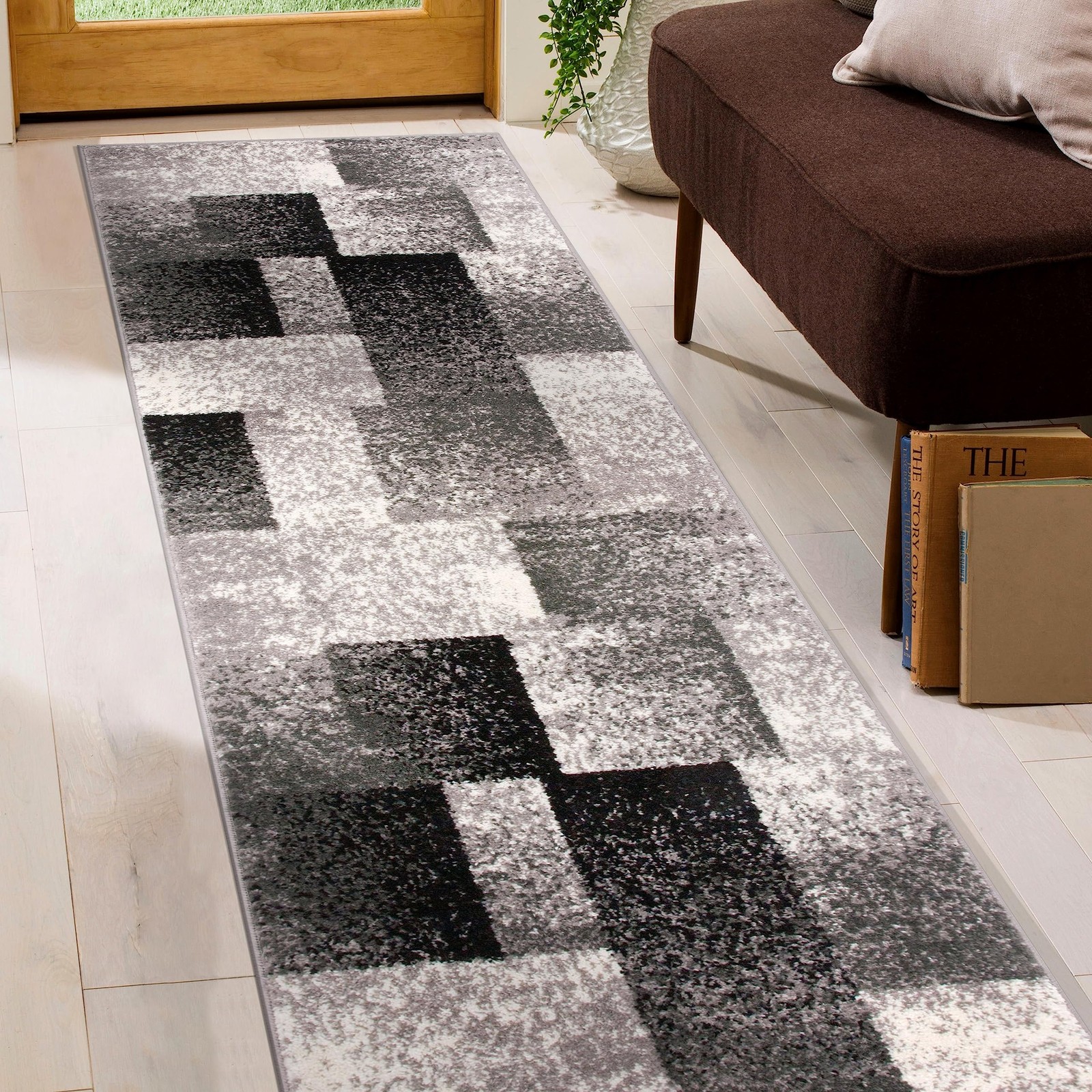 Gray Modern Distressed Boxes Non-Shedding Runner Rug, Durable Low-Maintenance…