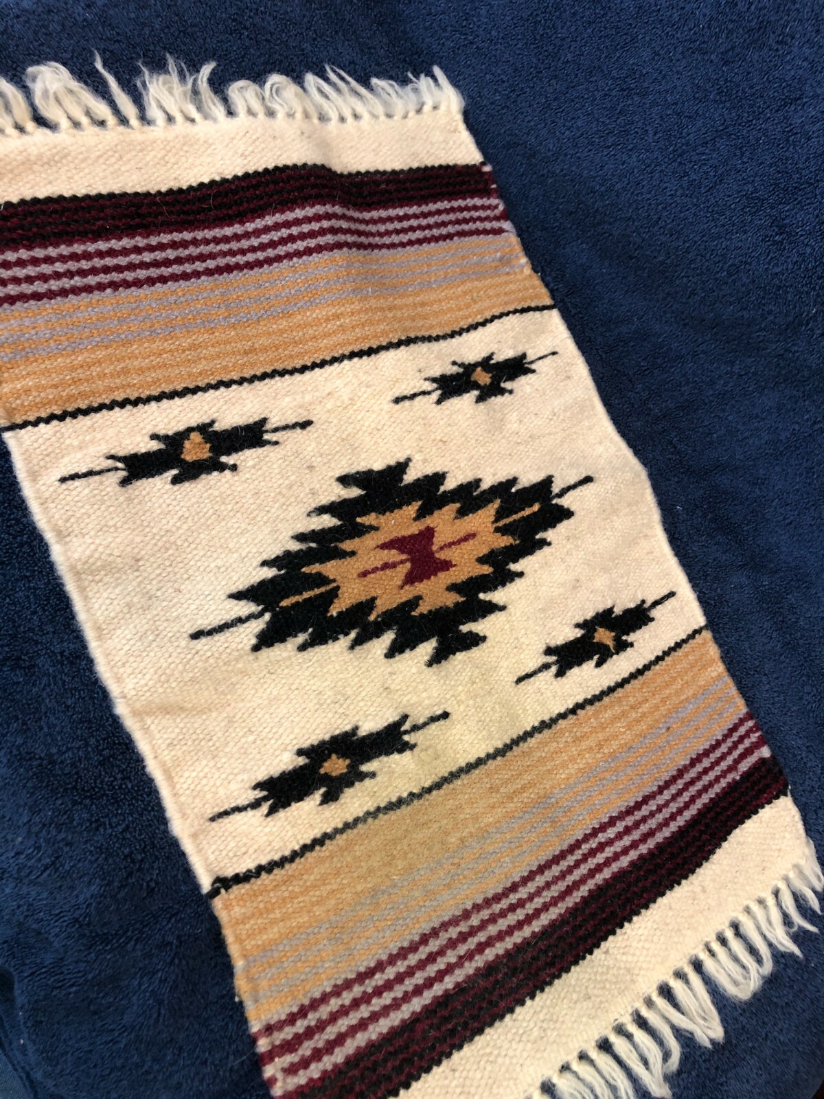 Native American Indian Area Rug Tan Black Red Woven Mat with Fringe Edge 14″x22″
