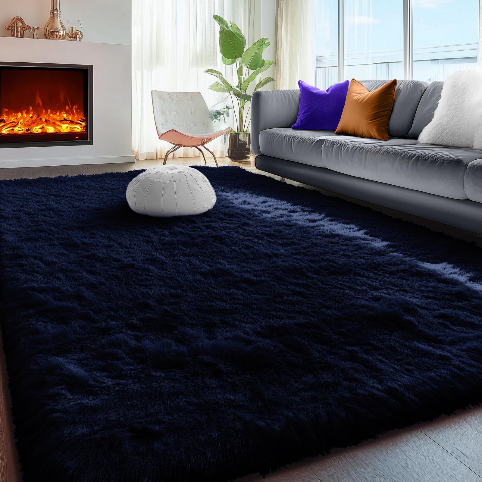 PAGISOFE Navy Blue Rug 4×6 Fluffy Dark Blue Bedroom Modern Indoor Carpet Soft