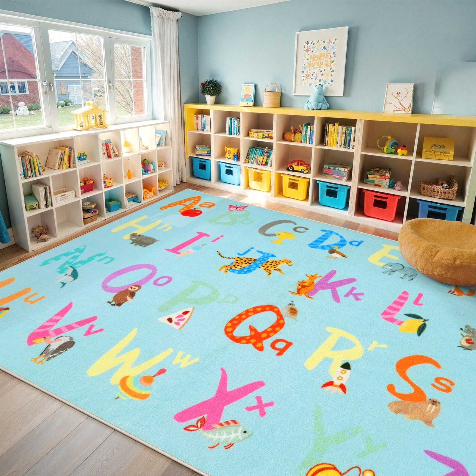 LIVEBOX 7’5″ x 13′ Blue ABC Kids Classroom Carpet, Large Washable Alphabet Ed…