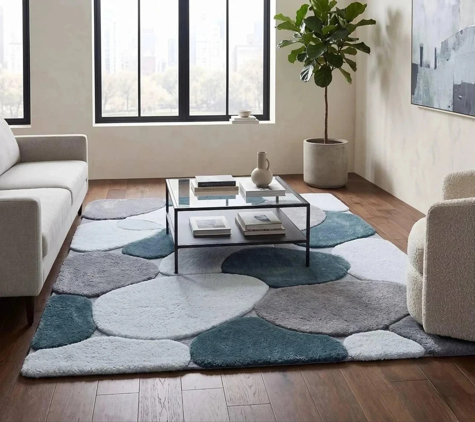 Hand Tufted Wool Pebble Rug: Abstract Blue Grey White Organic Carpet Design Rug