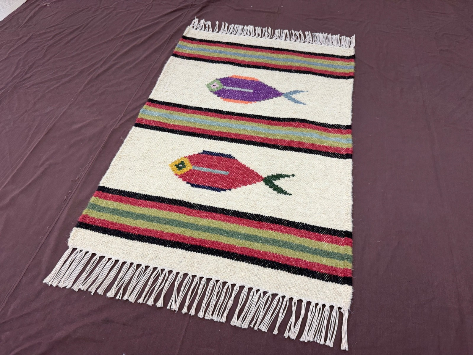 Hand Woven Wool Rug 2×3 Cream Tribal Fish Folk Art Striped Small Kilim for Kids