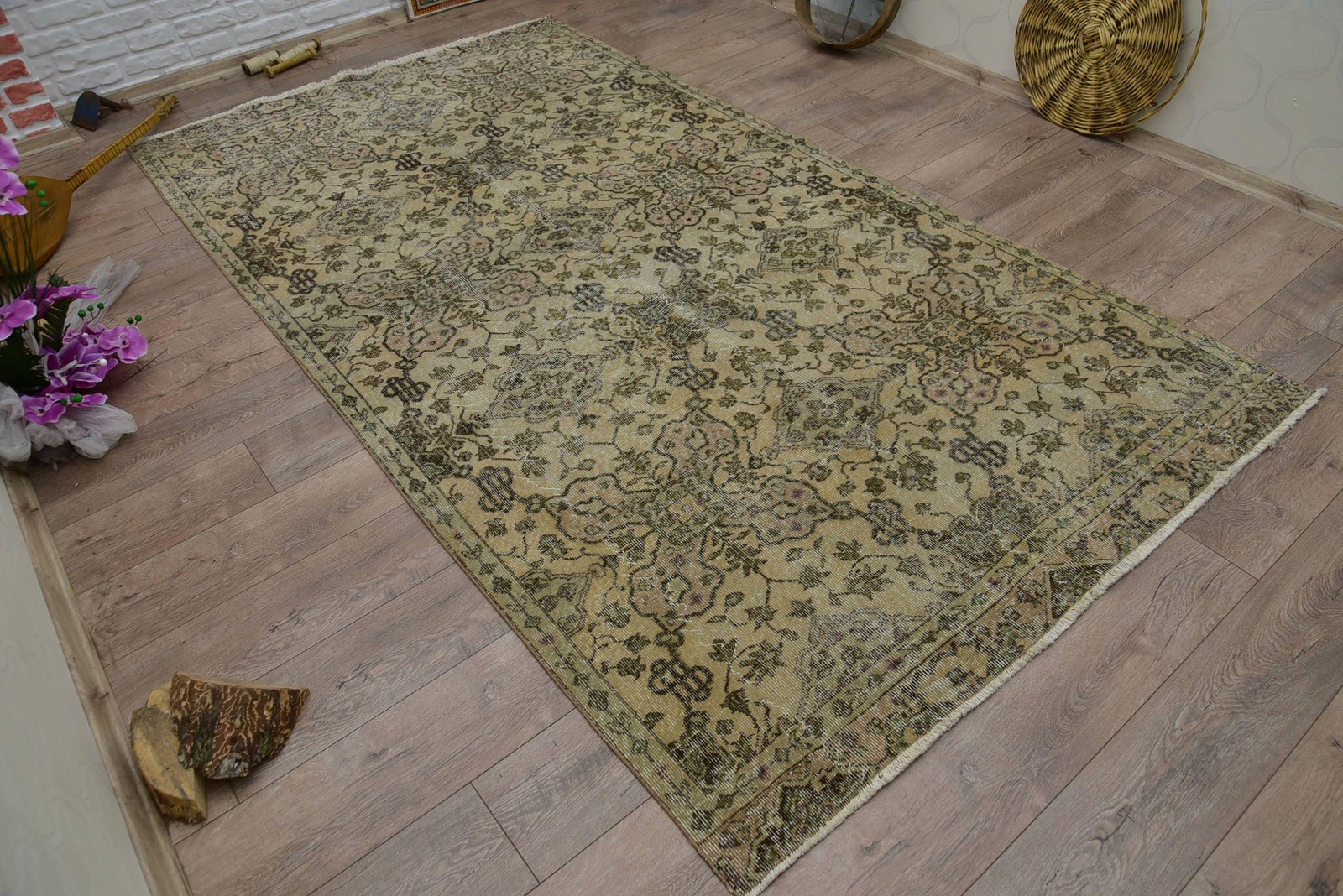 Turkish Rug, 5,2×9,4 ft Vintage Rug, Beige Solid Wool Rug