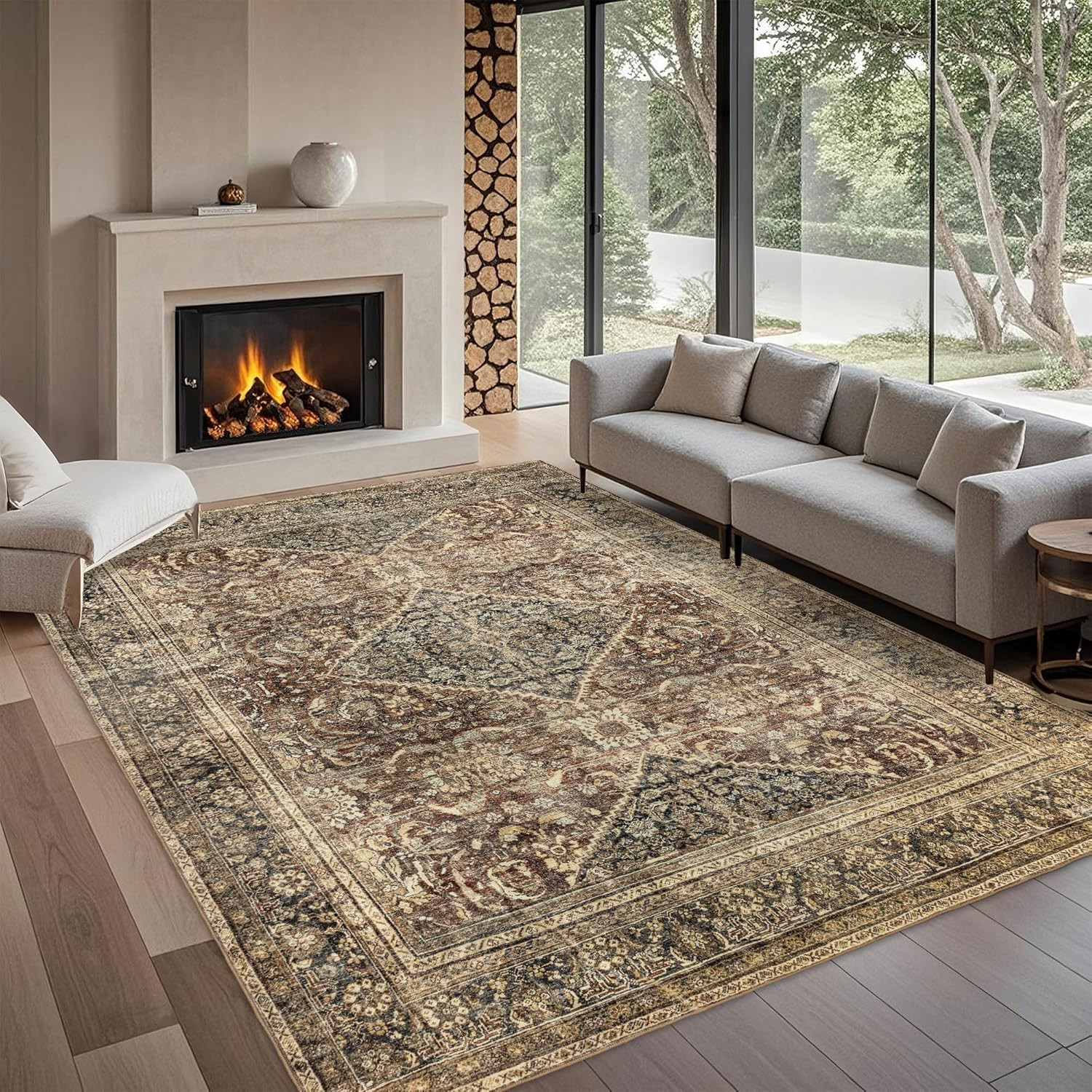 Vintage Brown Washable Area Rug 10X14 – Soft Non-Slip Carpet for Home Decor