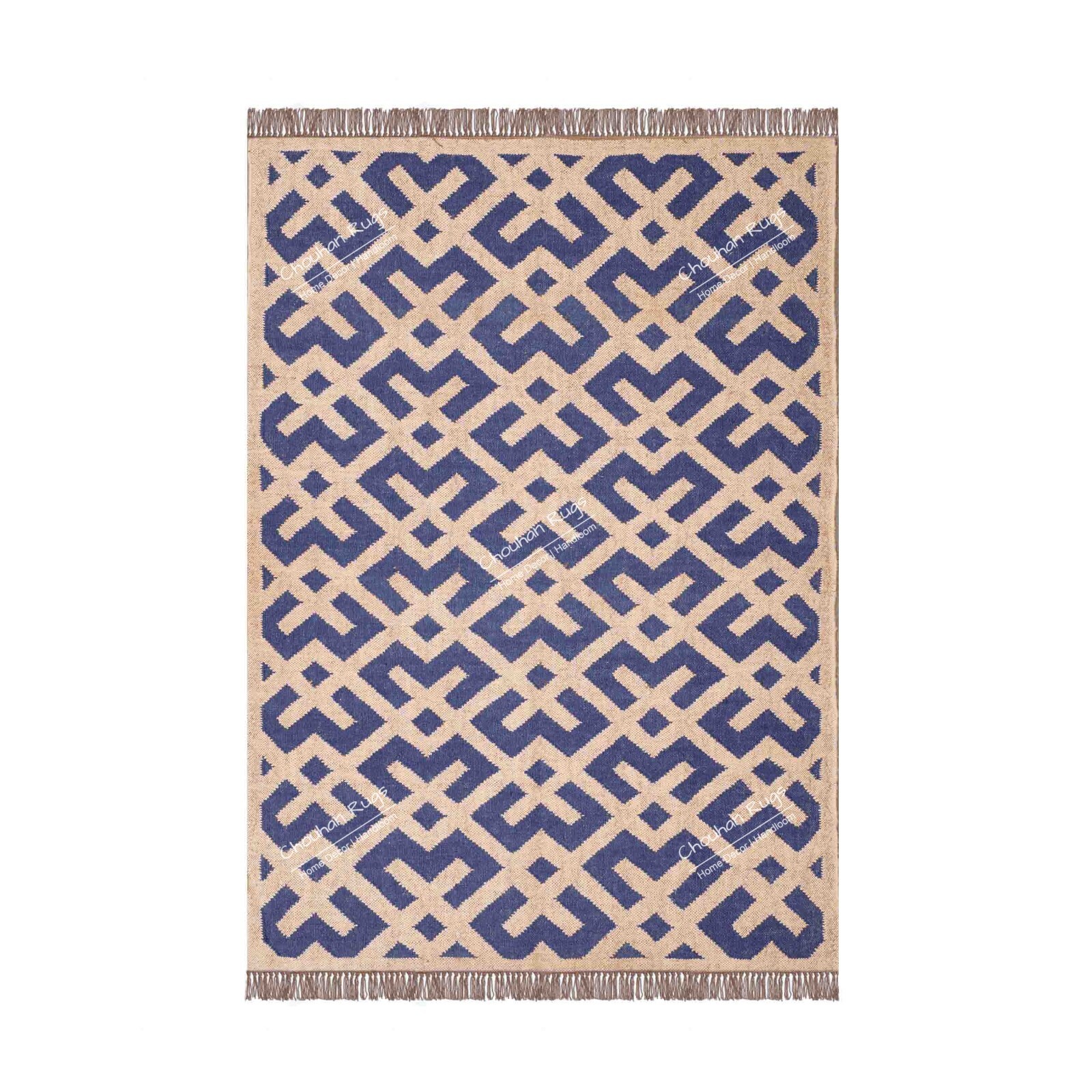 Off White Kilim Jute Rug With Blue Design Rug, Fringes Jute Rug, Handmade Rug