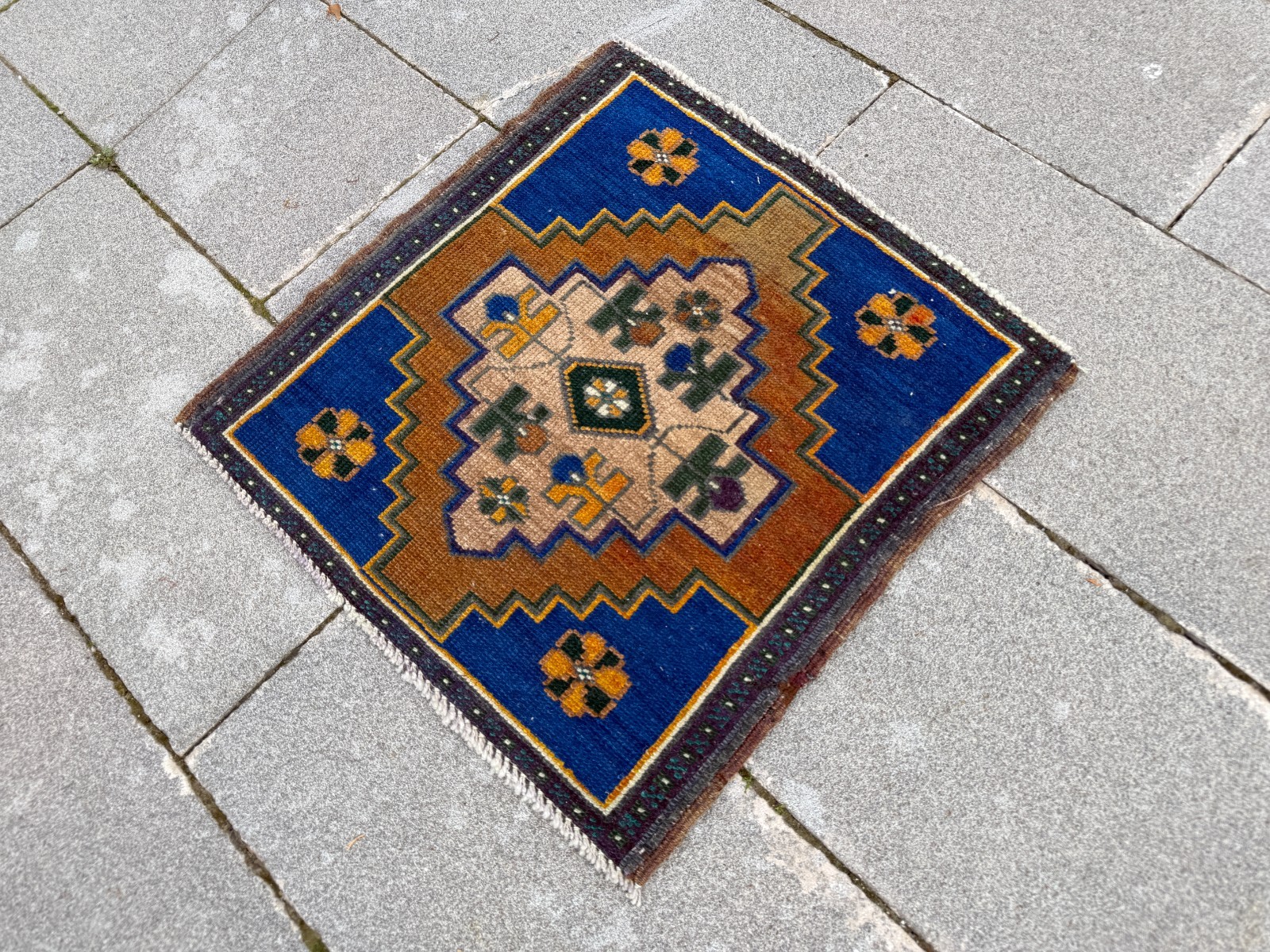 Vintage Oushak Square Rug 1.9×1.9 ft Royal Blue Turkish Boho Accent Rug