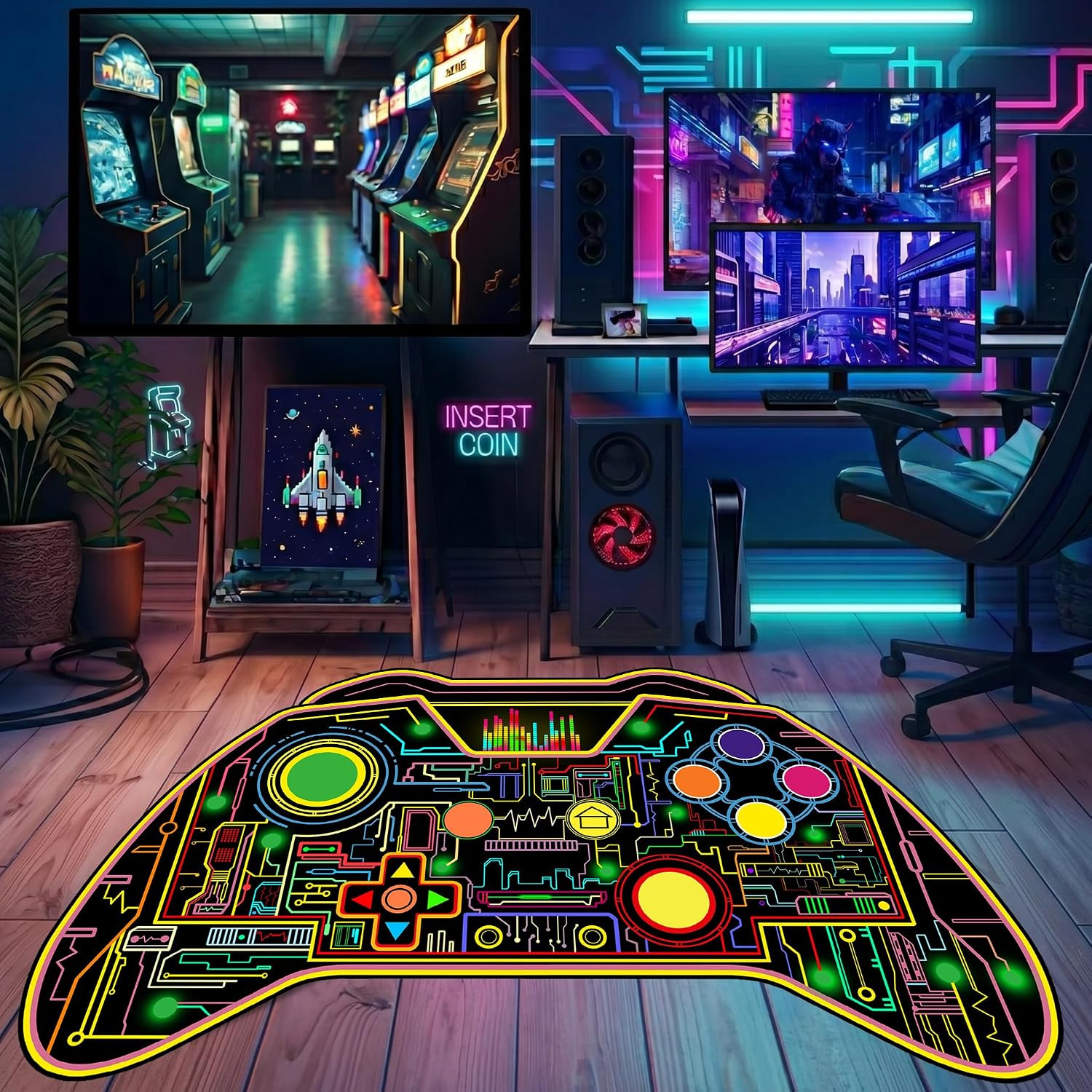 Colorful 3×5 Feet Gamer Rug – Game Controller Shape Carpet for Boys Room Decor