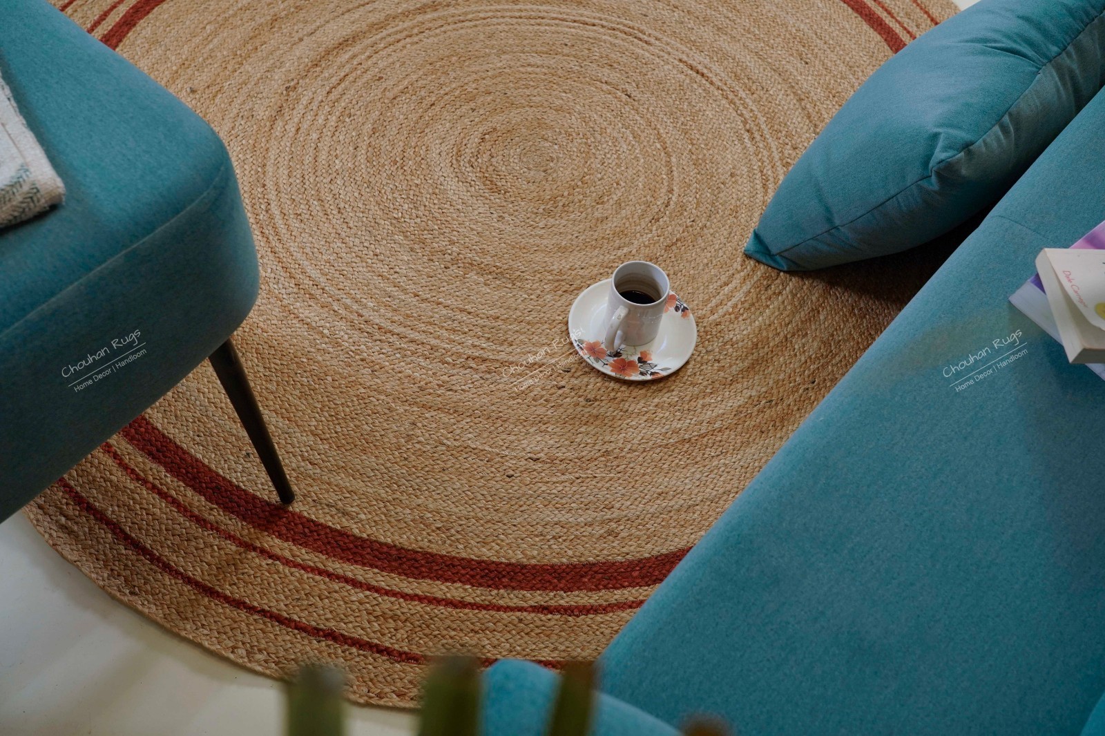 Natural Farmhouse Area Rug with Red Border Living Room, Bedroom, Home decor rug