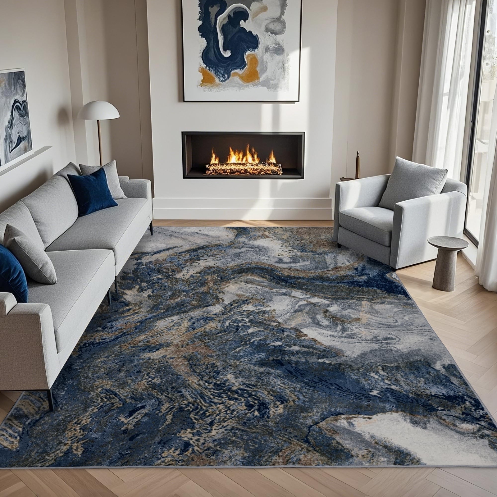 Modern Washable Rug for Living Room: Abstract 5×7 Area Rugs for Bedroom Low P…