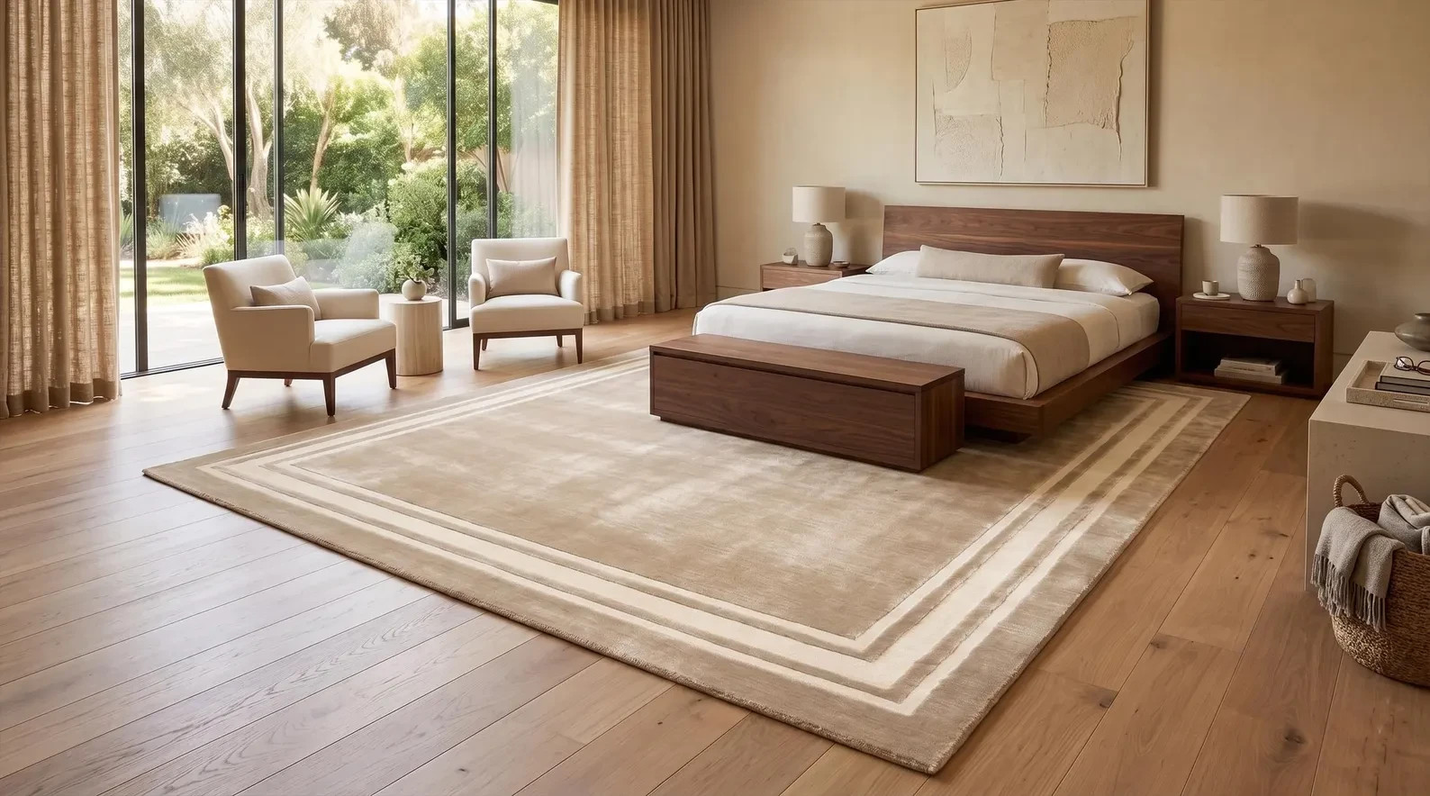 Luxury Hand Tufted Silk Rug, Neutral Beige Border Area Rug, Modern Minimalist