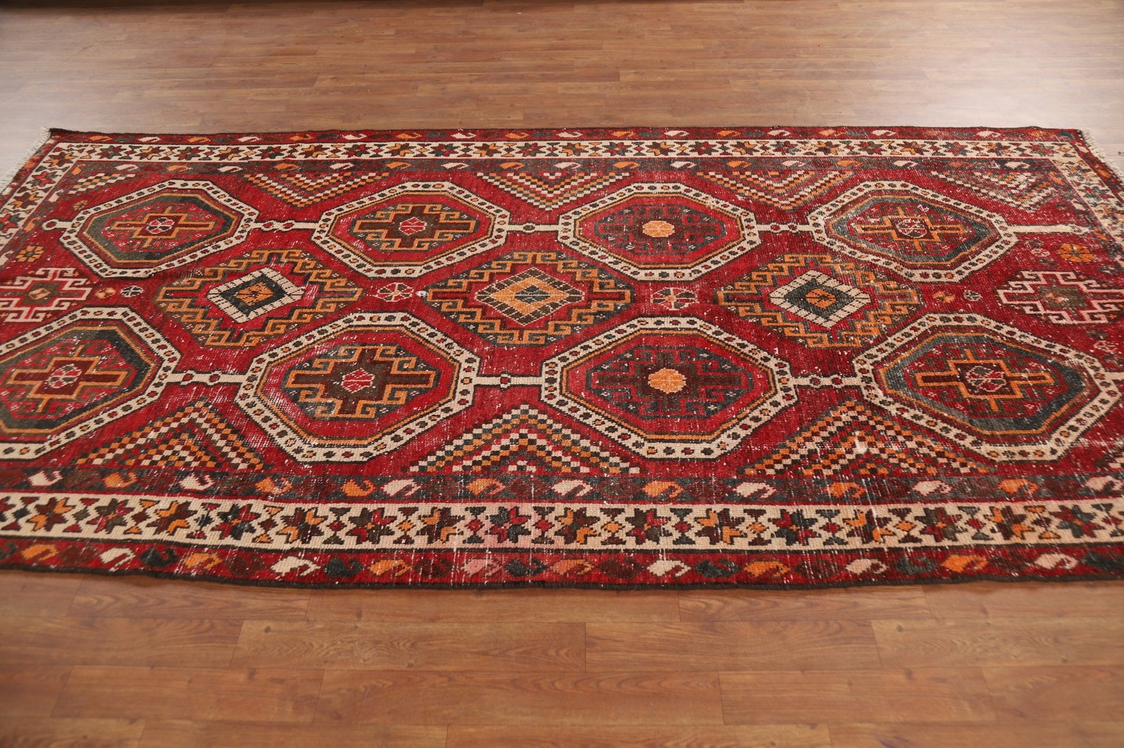 Red Geometric Tribal Area Rug 5×10 Hand-knotted Nomadic Vintage Wool Carpet
