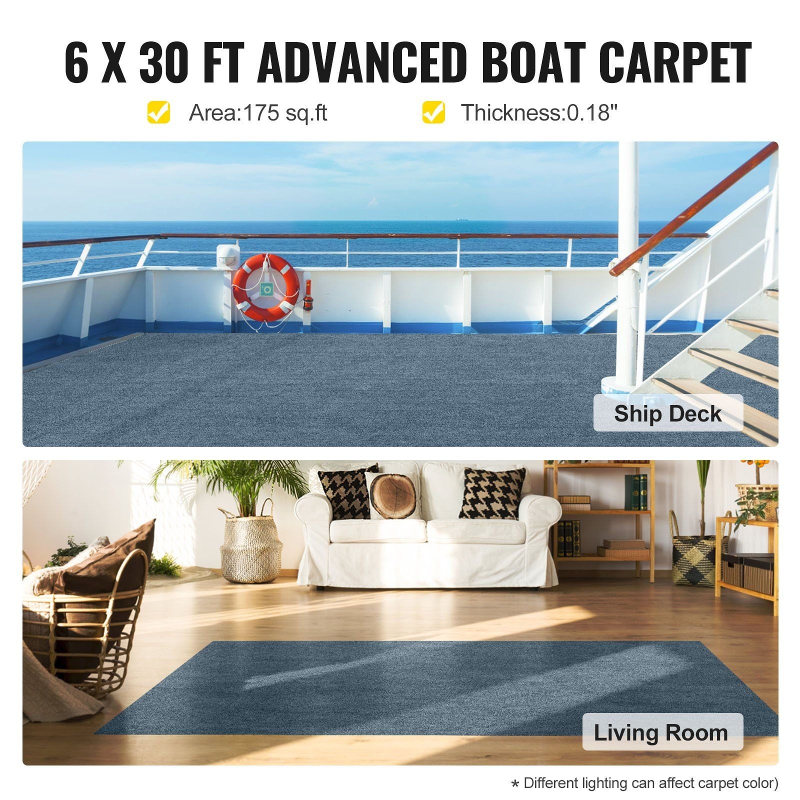 6×29.5ft Gray All-Use Marine Carpet 0.17in Pile Height TPR Back