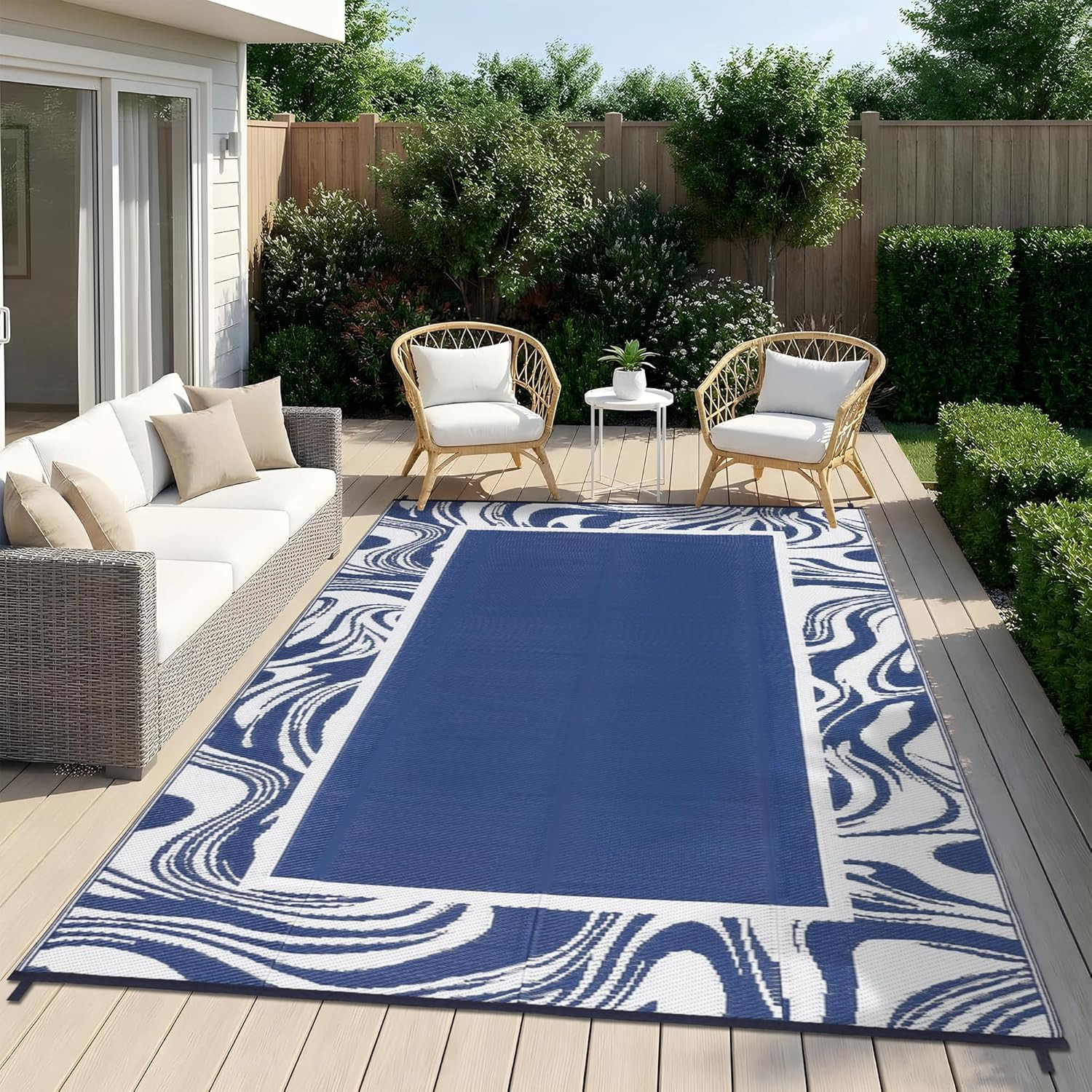 Outdoor Rug 5X8 Modern Bordered Patio Rug Foldable Plastic Straw Rugs Waterproof