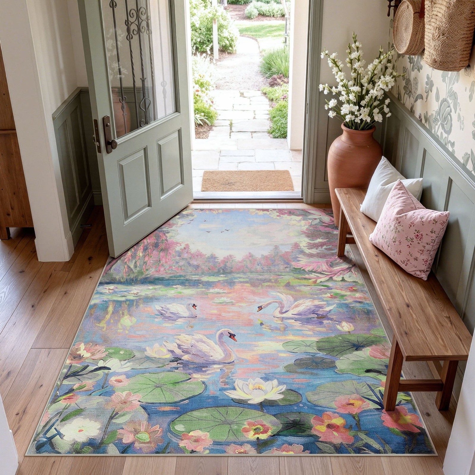 3×5/5×7 Swan Lake in oil painting style Area Rugs, Washable Soft Non Slip Carpet