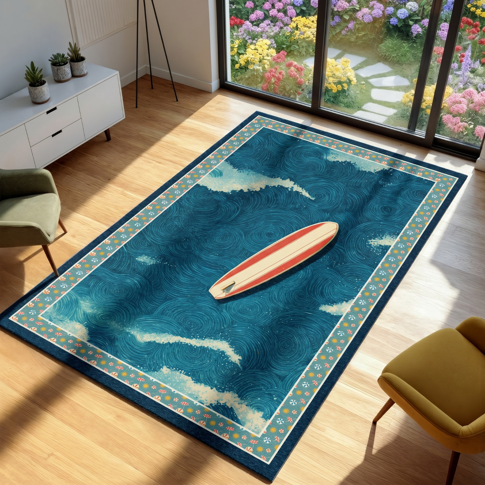 Retro Surfboard Area Rug, Teal Blue Ocean Wave Carpet Nautical Beach House Decor