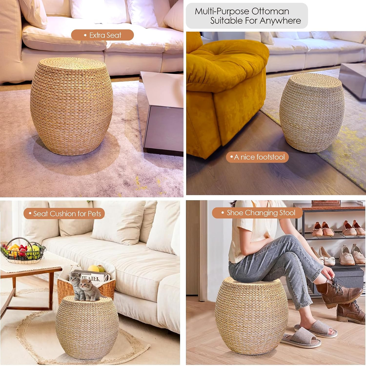 Round Handwoven Cattail Pouf Ottoman | Natural Braided Footstool, Boho Woven Flo