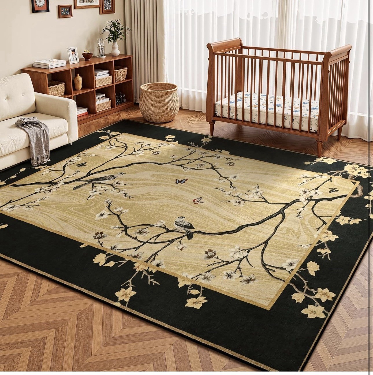 Beige Black Floral Branch Bird Non-Slip Stain Resistant Washable Rug 5×7