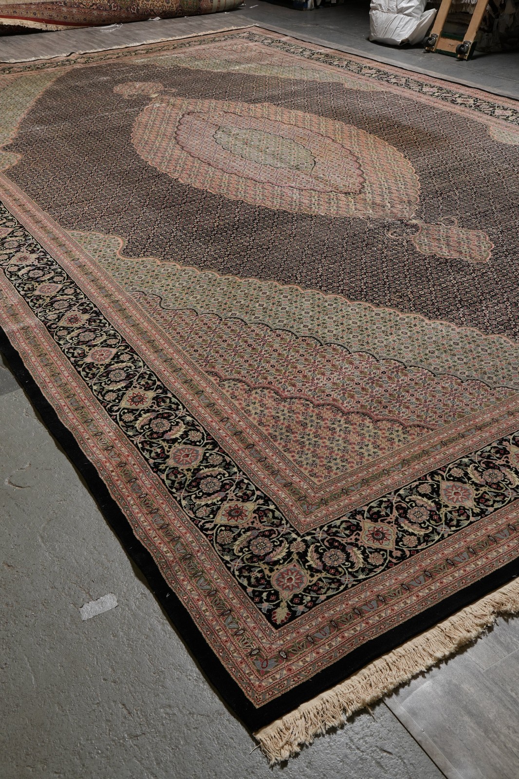12.5 x 19 Hand-Knotted Wool and Silk Tabriiz Mahii Rug Black #B-78935