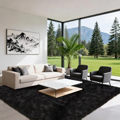 Large Shag Area Rugs 5×7 for Living Room, Ultra Soft Fluffy Black Rugs for