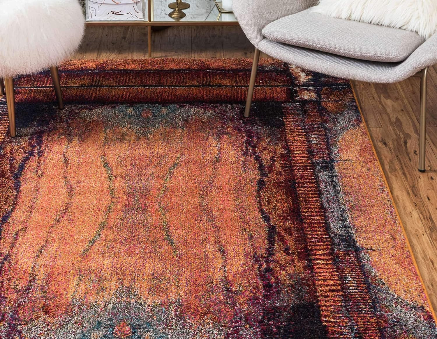 Rustic Modern Abstract Area Rug – Estrella Collection 9′ x 12′ Orange/Black