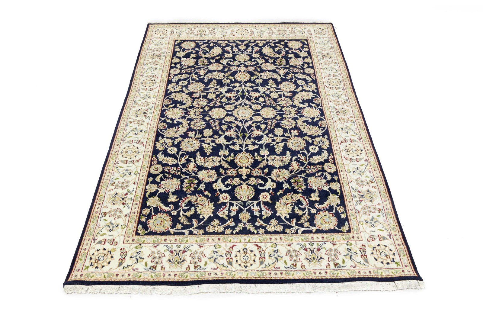 Dark Navy Floral Design Hand-Knotted 6×9 Indo-Nain Oriental Rug Bedroom Carpet