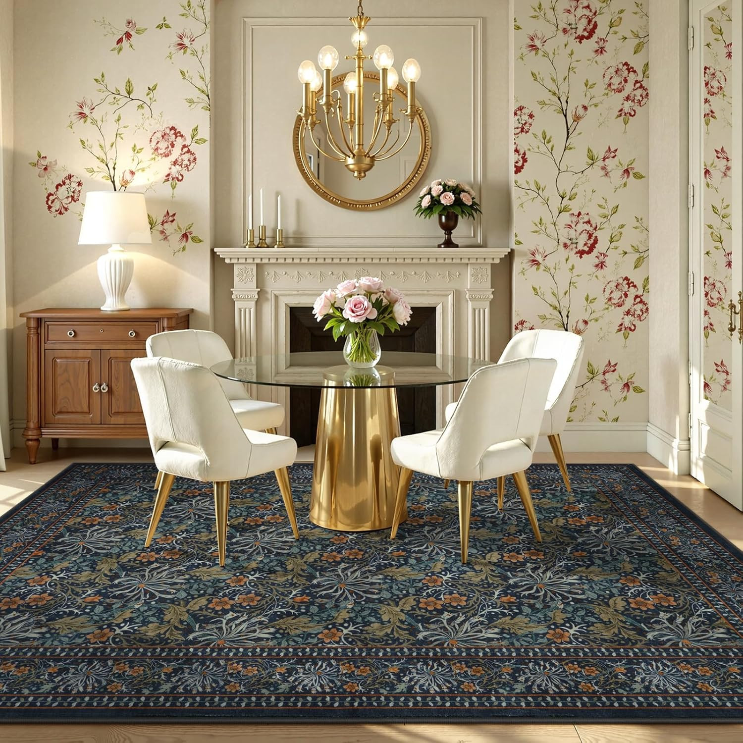 Vintage Floral Dark Green 8×10 Washable Area Rug for Living Room & Office