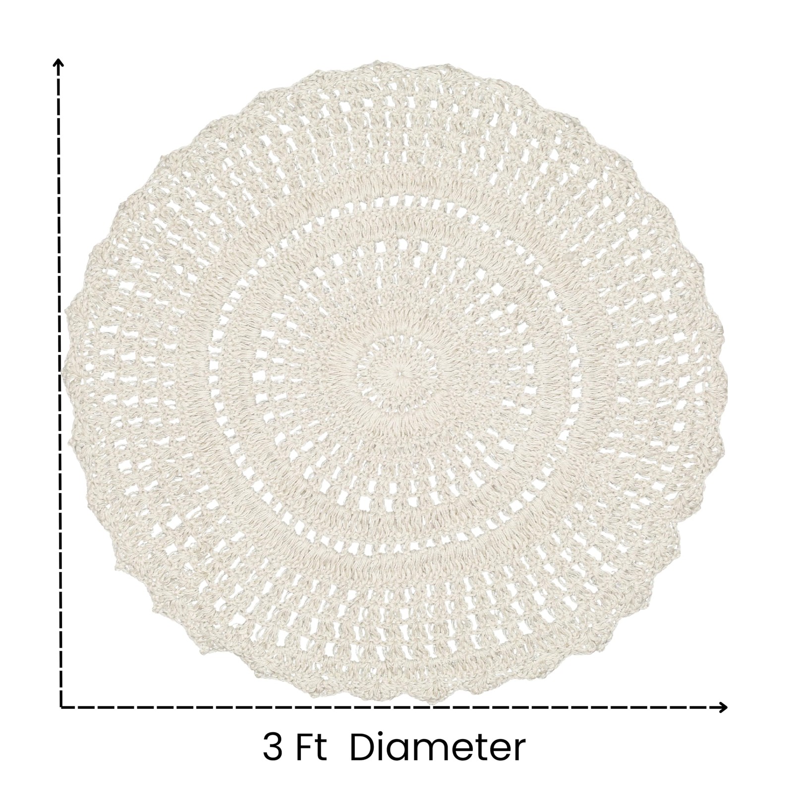 Hand Knitted Boho Rug 3 Feet Round – Off White Scalloped Crochet Accent Rug, …