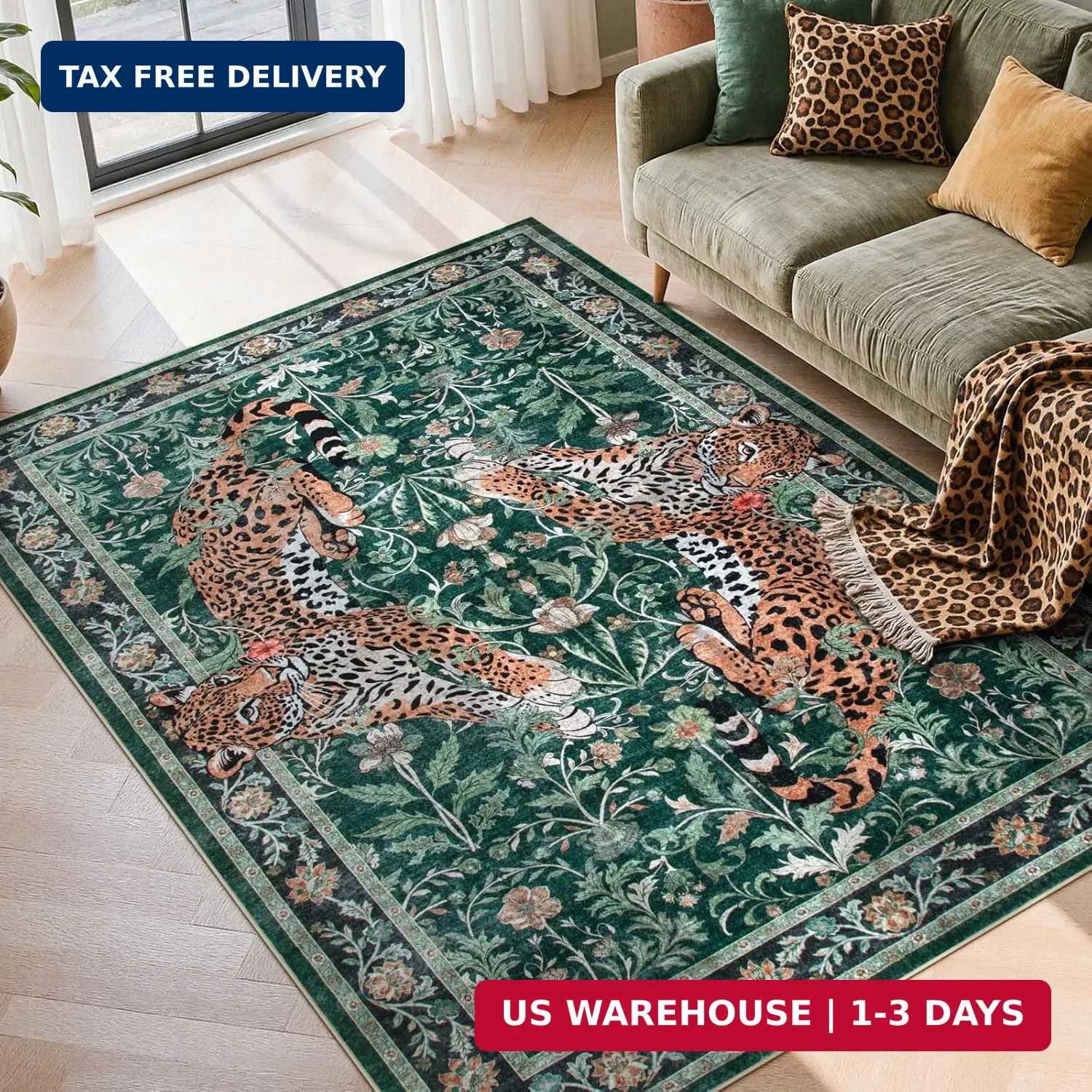 Moynesa Leopard 5×7 Area Rug, Boho Washable Living Room Rug, Non Slip Rugs for B