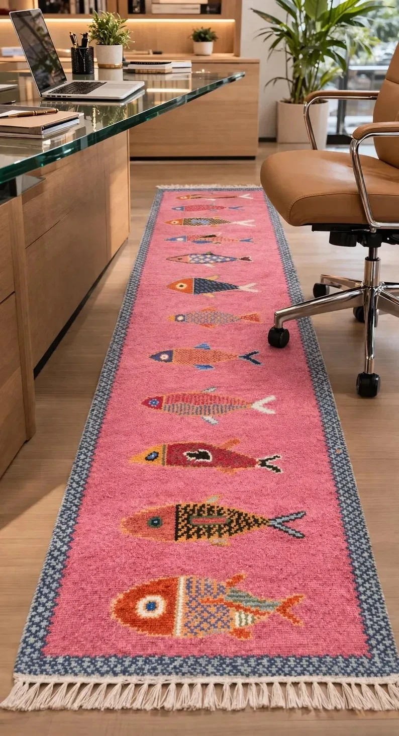 Hand Knotted Wool Fish Rug Runner | Tribal Boho Nautical Anatolian, Pink