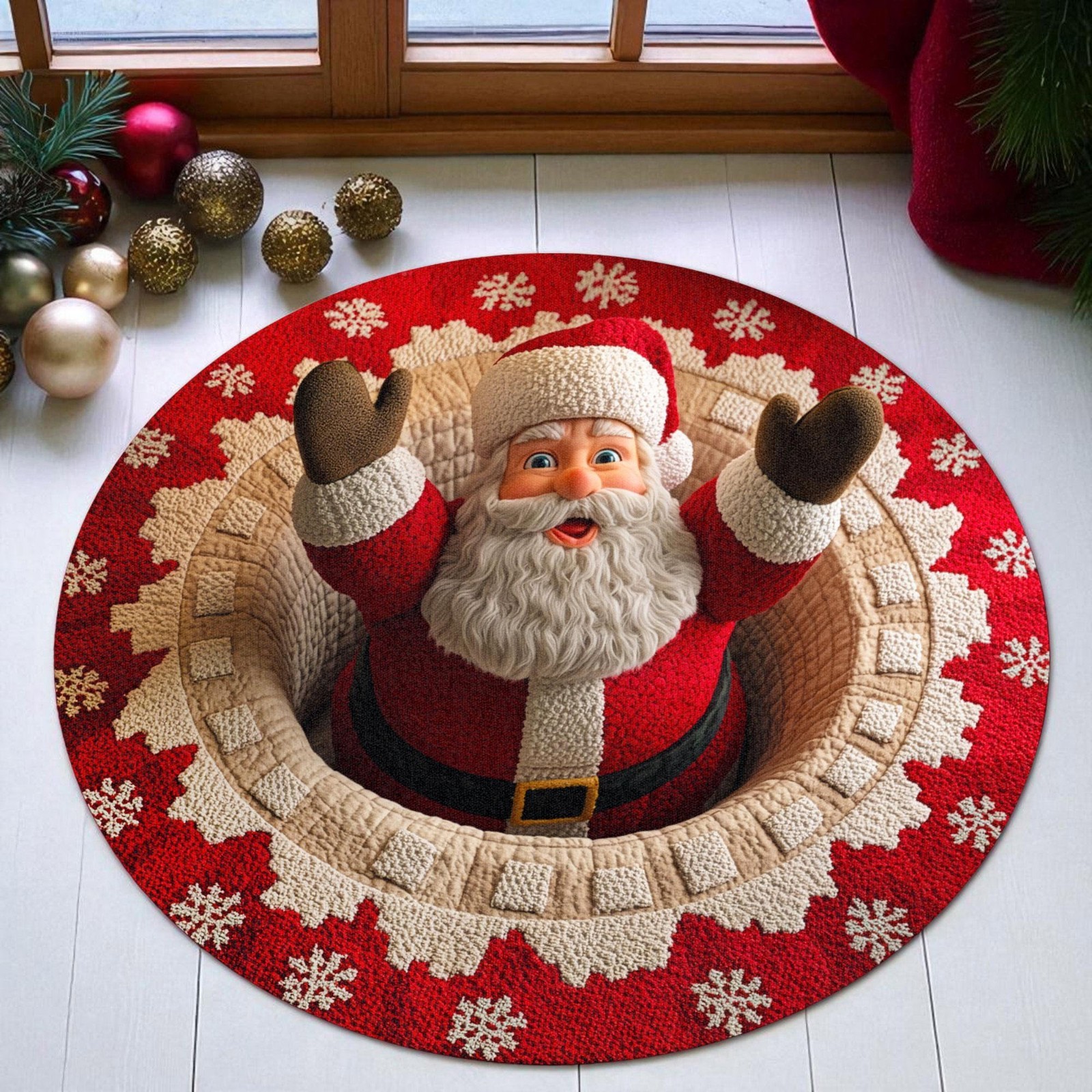 3D Santa Claus Christmas Round Rug, Xmas Holiday Welcome Door Mat Decor Gift