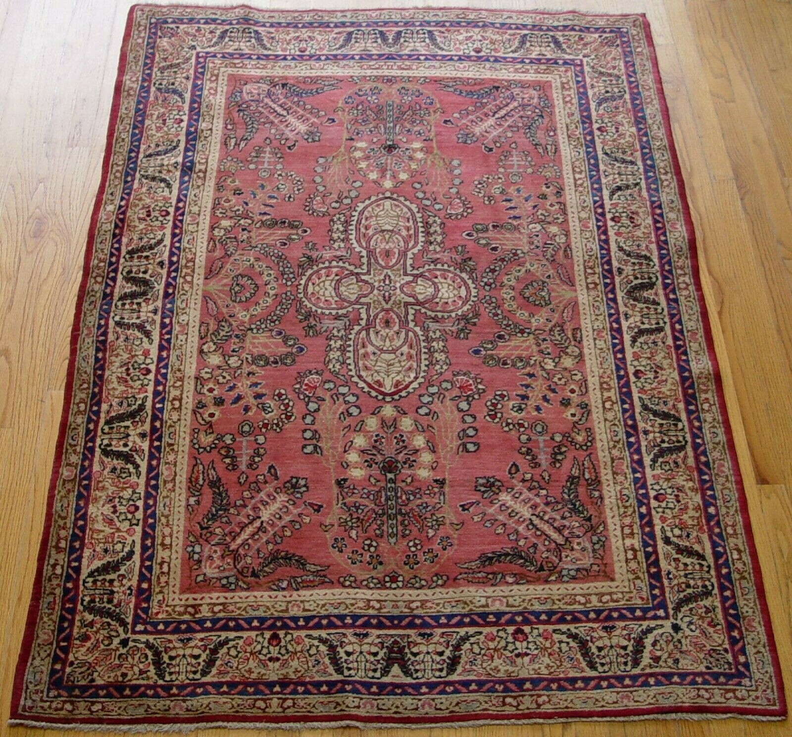 Antique 1880s Kermann Hand Knotted Wool 4’3″ x 6’5″ Pink Rose Oriental Rug