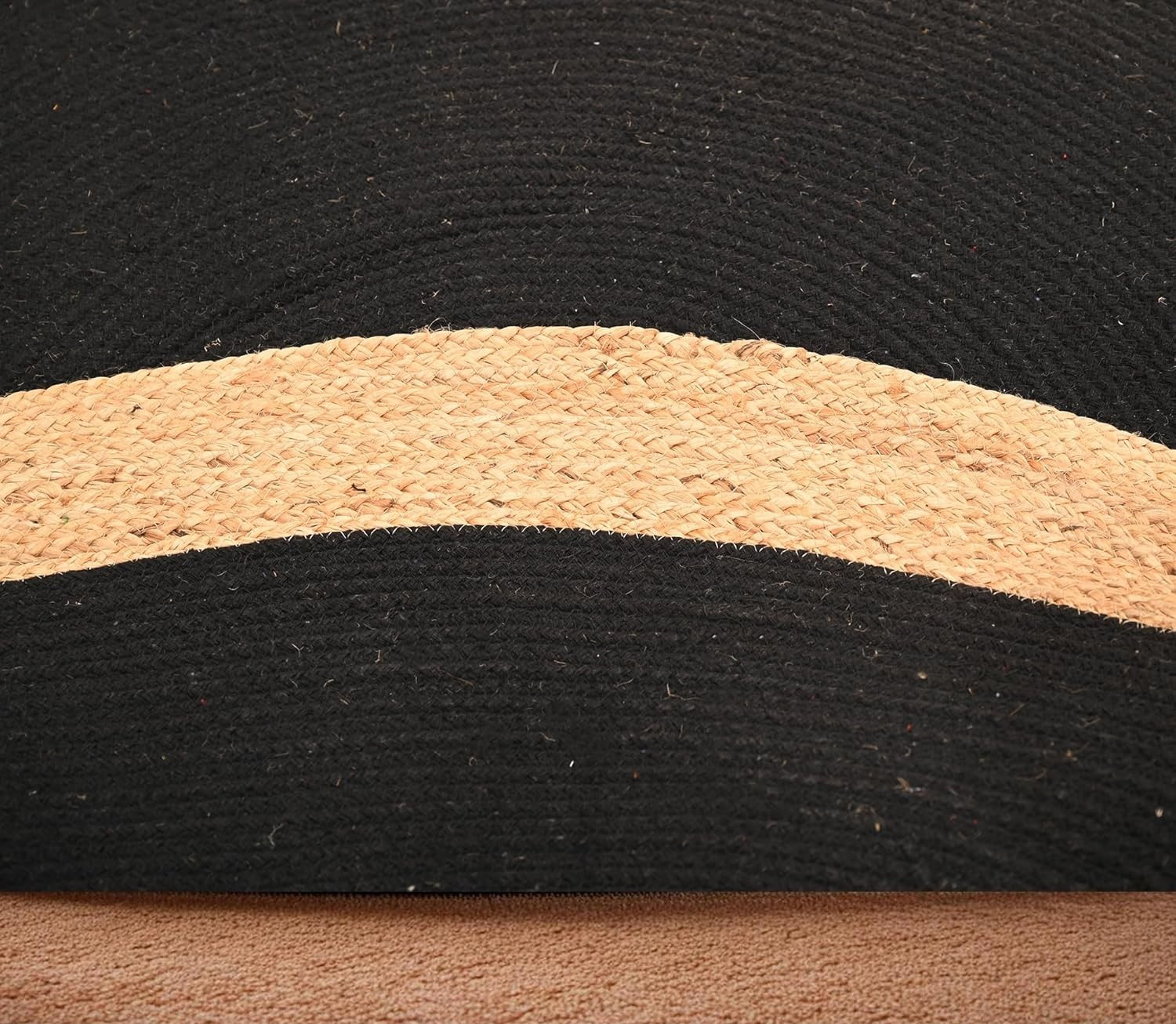 Hand Braided Jute Round Natural and Black Color Reversible Bedroom Guestroom Rug
