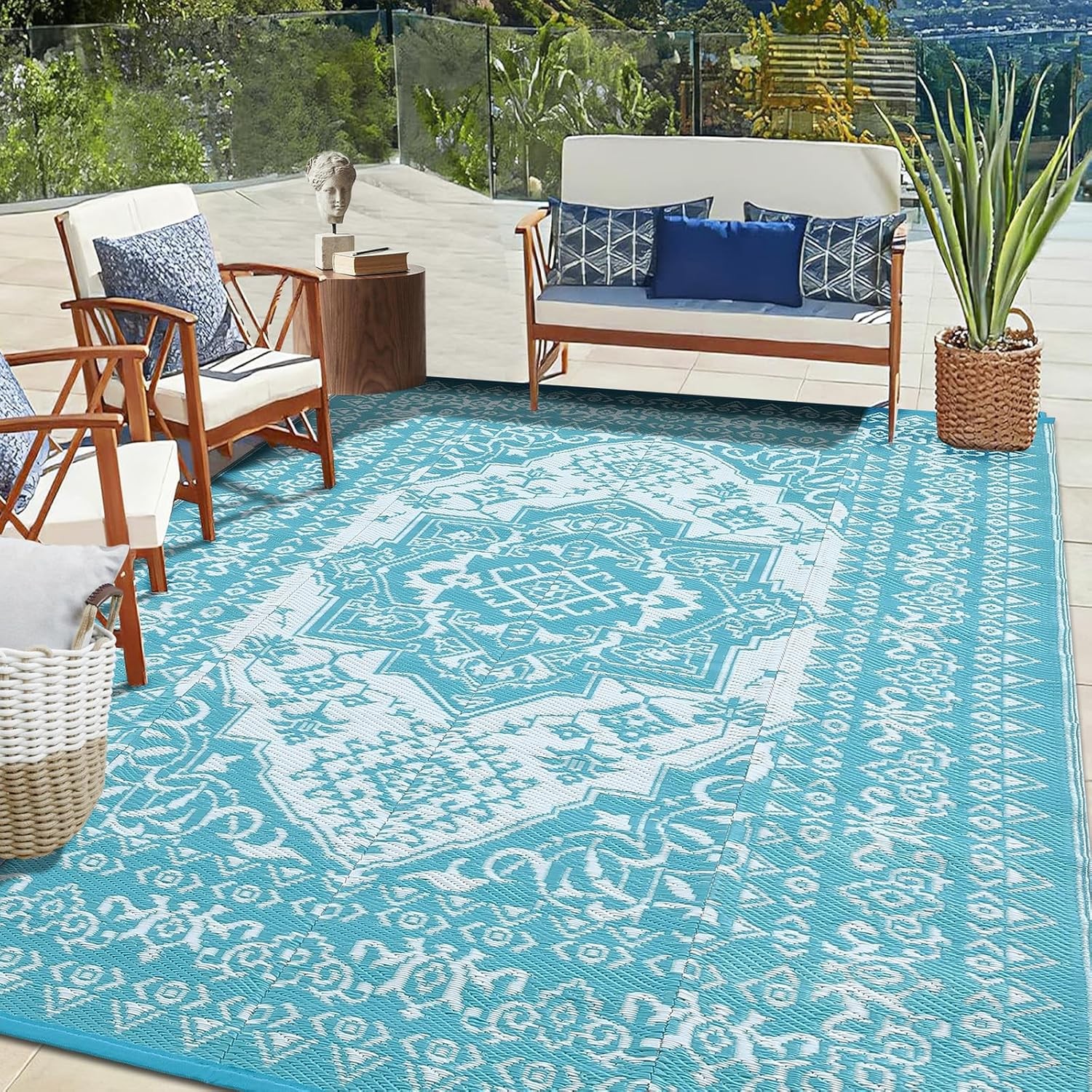 GRAVEE Reversible Plastic Straw Rug Waterproof Outdoor Mat for RV Camping