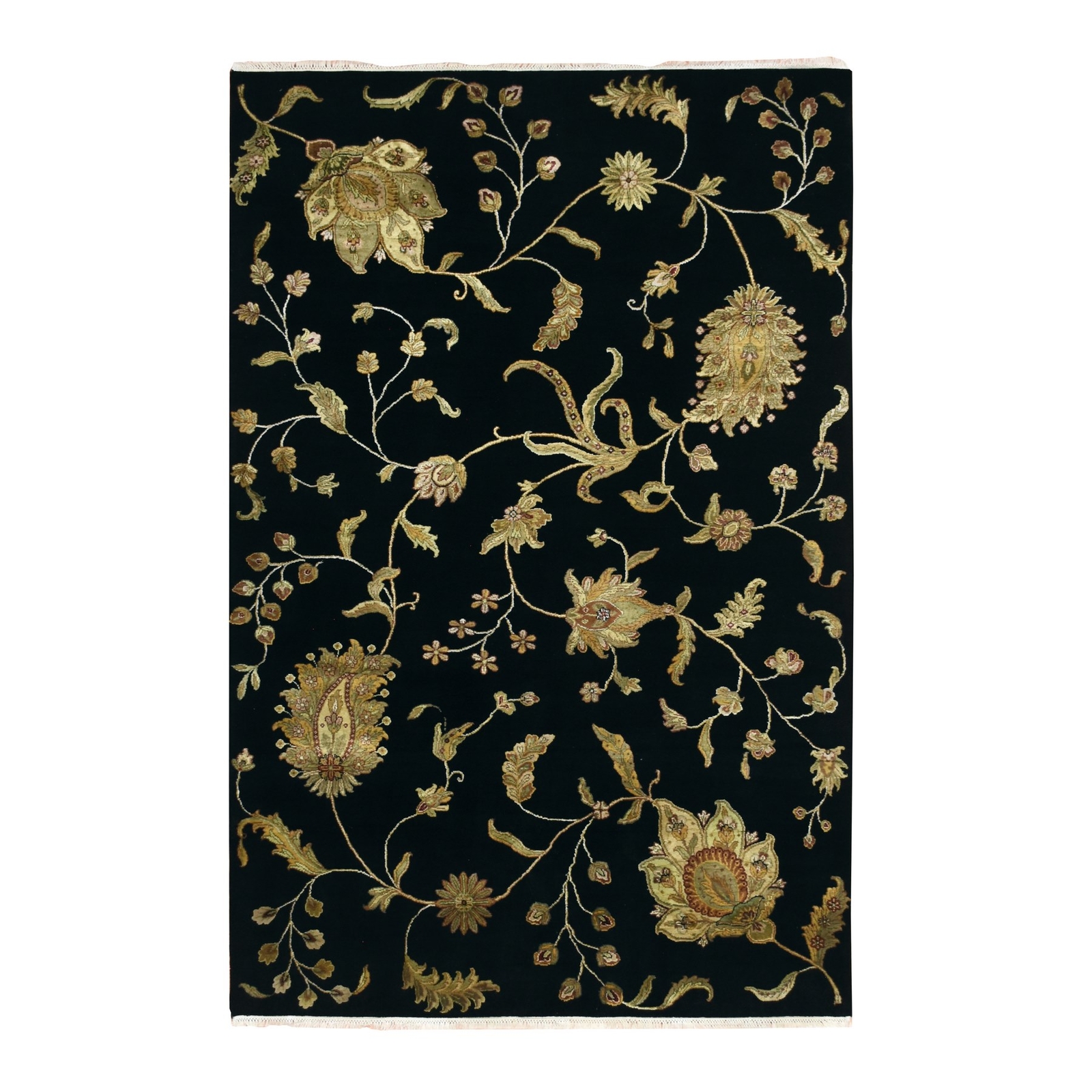 5’10″x8’10” Black Botanical Design Wool & Silk Hand Knotted Oriental Rug R75601