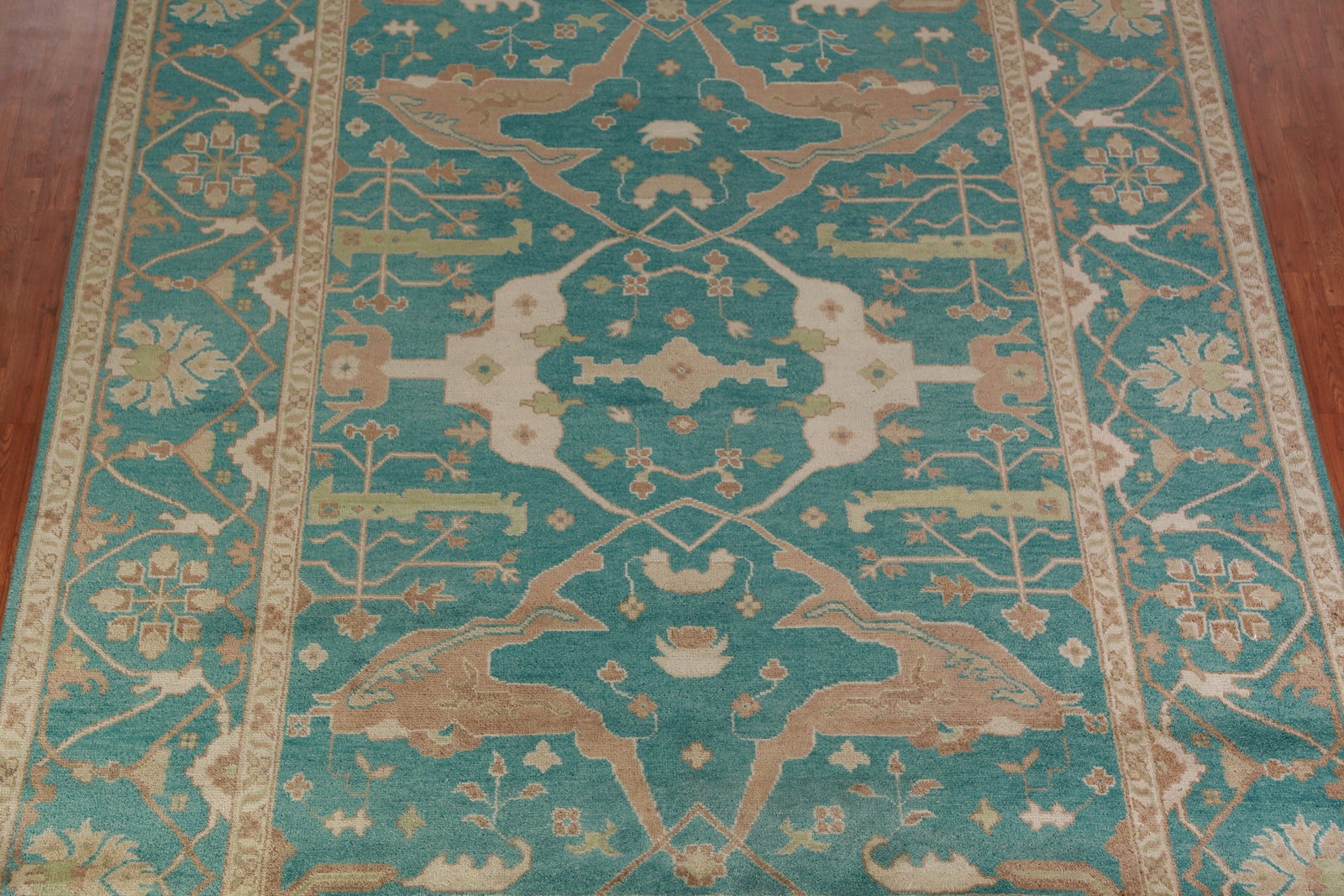 All-Over Oushak Indian Area Rug 9×12 Handmade Wool Teal Green Oriental Carpet